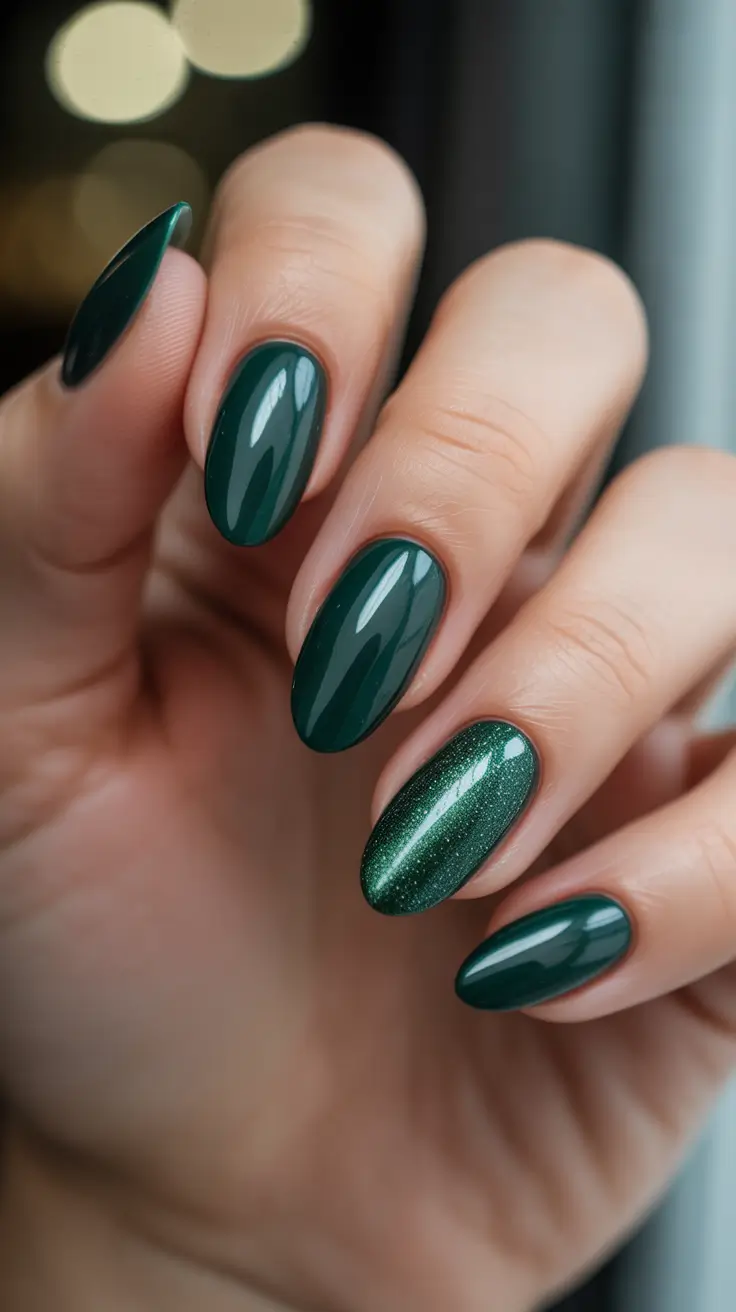 simple-nails-2026-Emerald-Glow-Almond-Accent