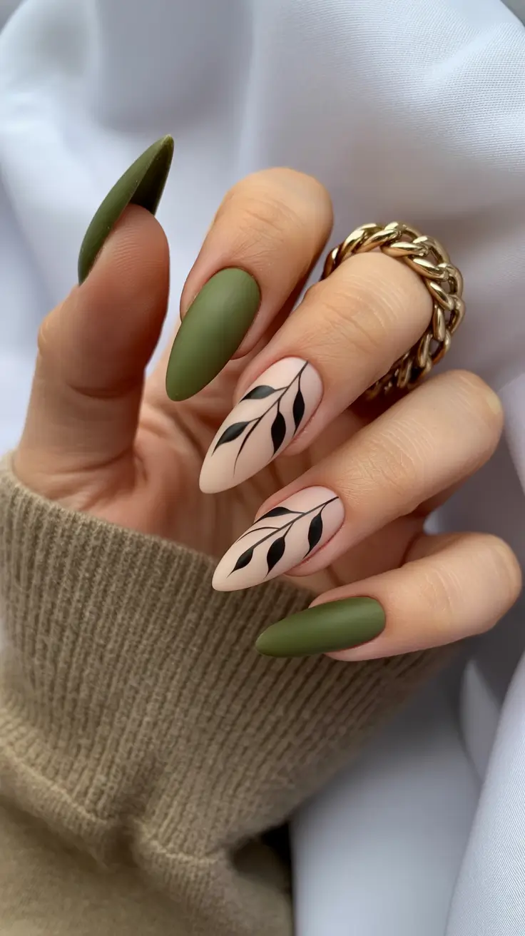 Designs Matte Olive Calm With Minimal Black Leaf Accents