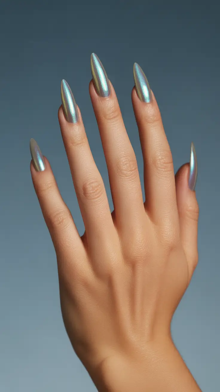 Designs Iridescent Stiletto Shine With a Glassy Chrome Glow