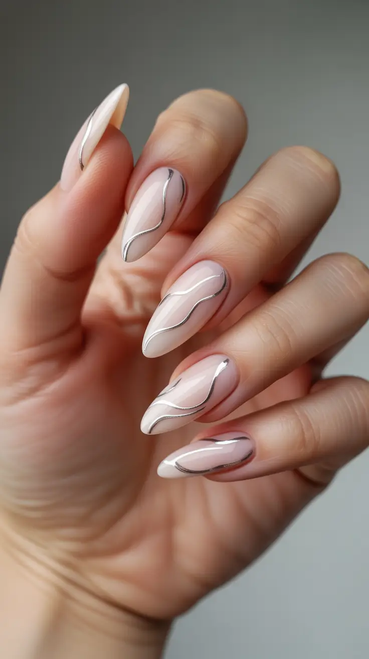 Designs Silver Wave Outlines on Soft Nude Stilettos