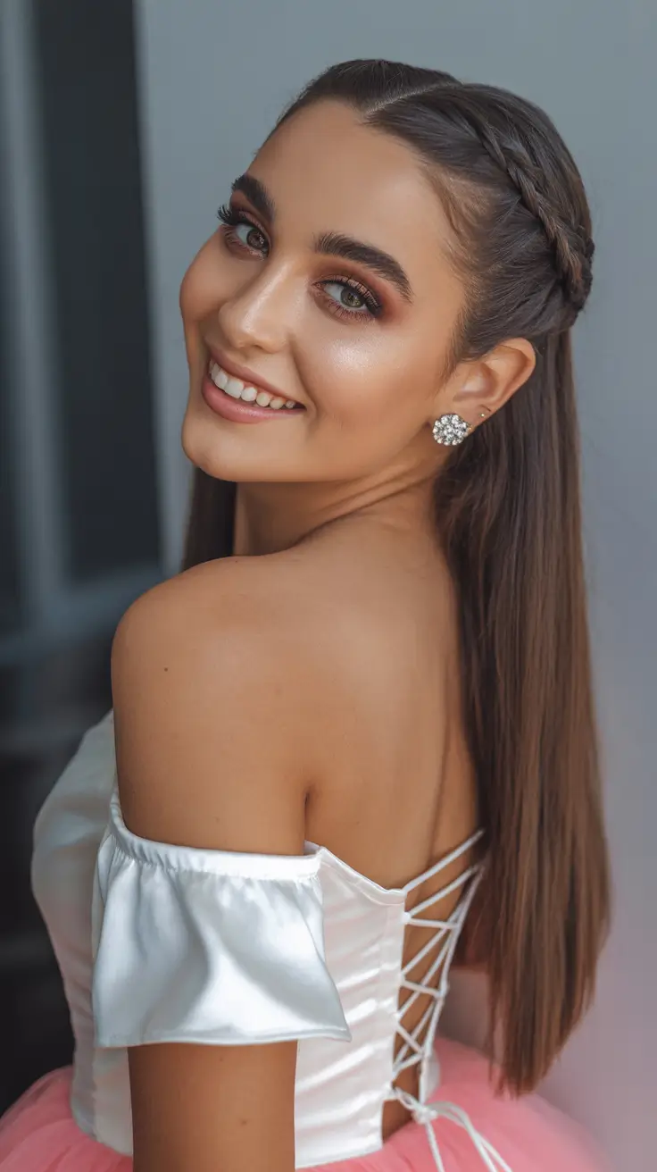 21 Straight hairstyle ideas 2026 Braided Crown Straight Half-Up Elegance