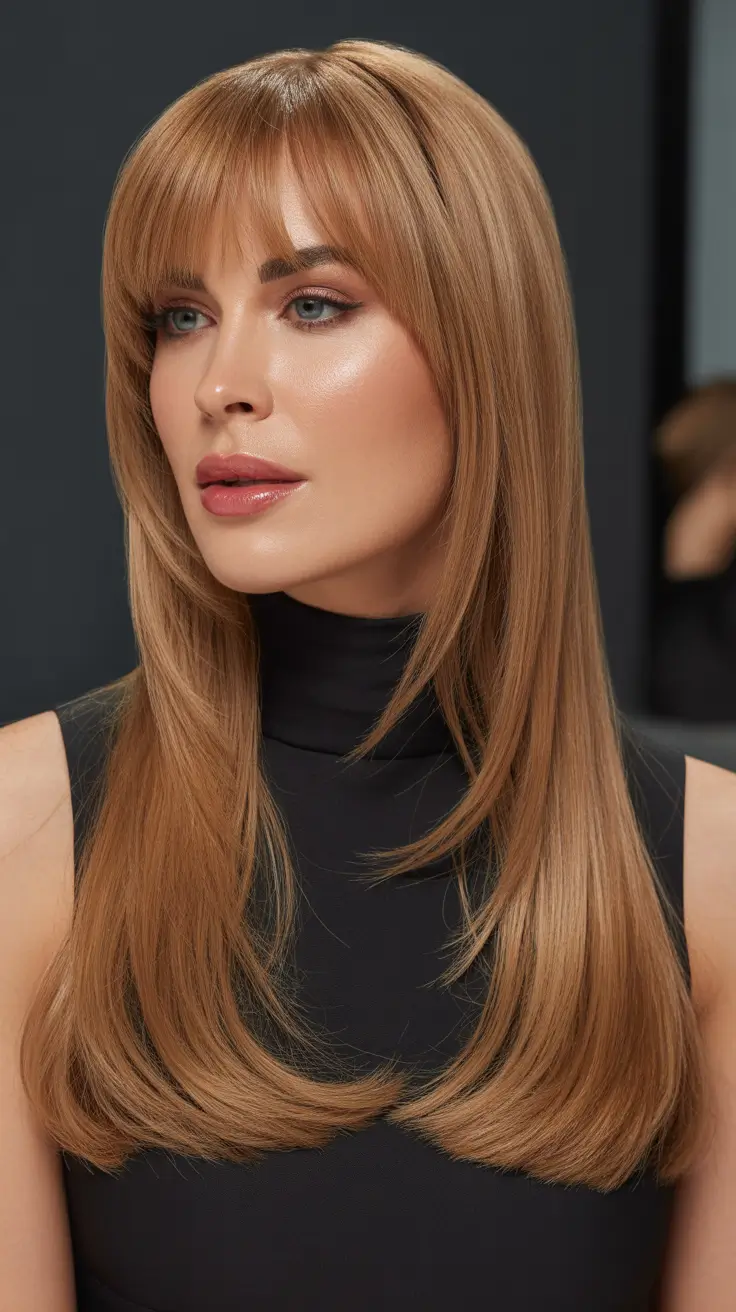 21 Straight hairstyle ideas 2026 Layered Straight Long Cut With Soft Curtain Fringe