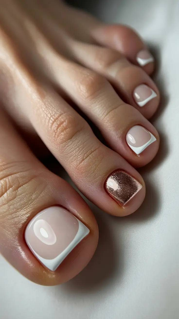 toe nails pedicure Classic White French With a Metallic Accent