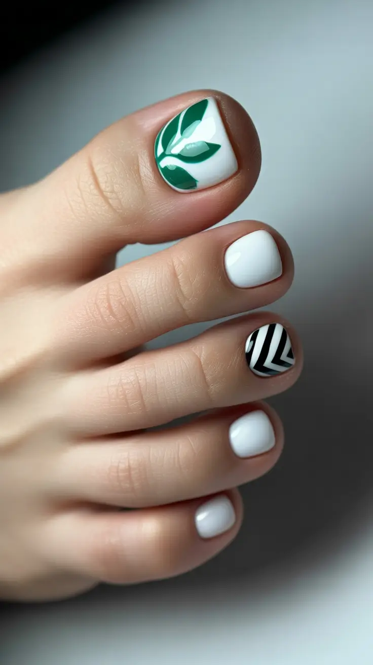 toe nails pedicure Fresh White With Green Botanical & Graphic Contrast