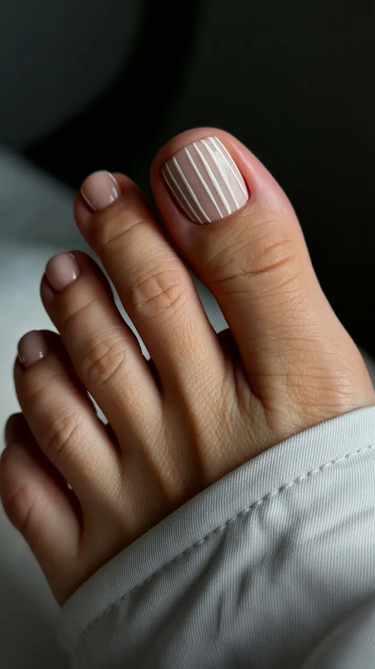 toe nails pedicure Neutral Stripes With Soft Gloss