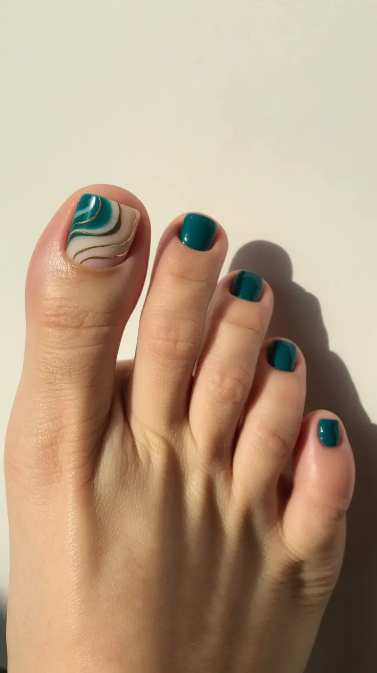 toe nails pedicure Teal Swirl With Golden Veining