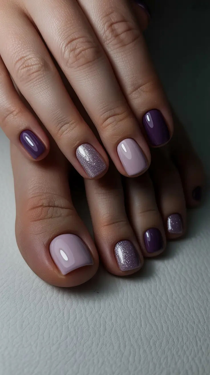 toe nails pedicure Midnight Plum and Soft Lilac Duo