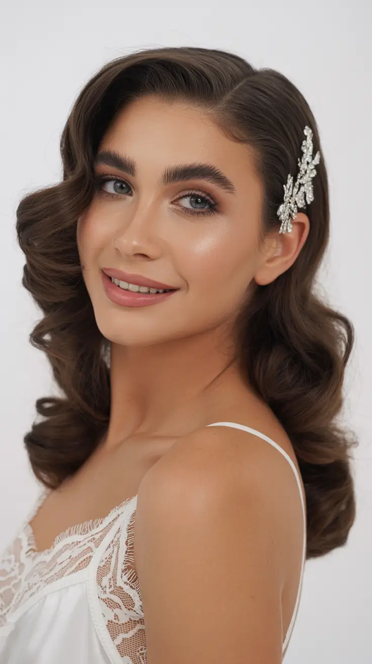 Wedding-hairstyles-2026-Soft-Sculpted-Waves-With-Silver-Leaf-Detail