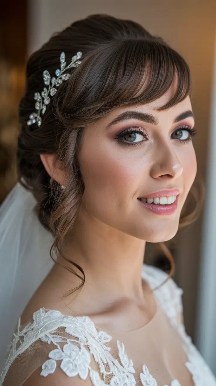 Wedding-hairstyles-2026-Modern-Bridal-Updo-With-Wispy-Fringe-and-Classic-Charm