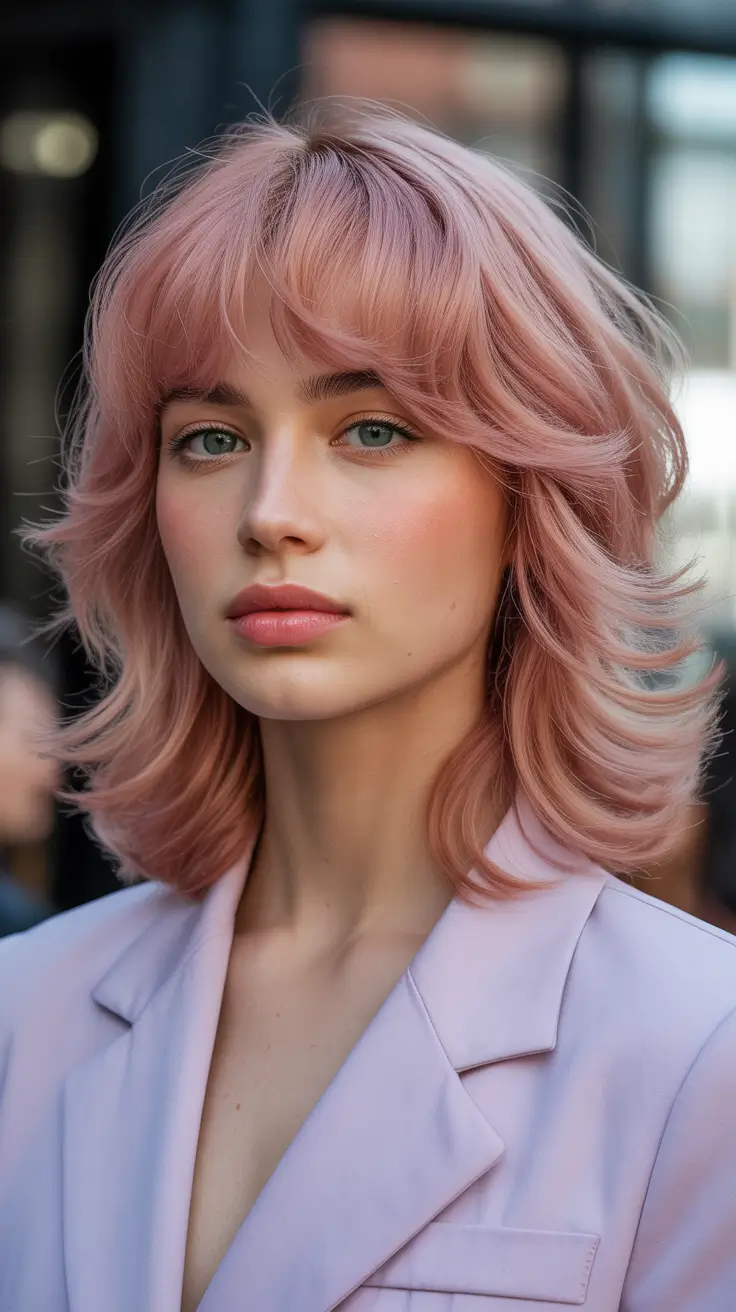 wolf haircut Pastel Rose Wolf Cut With Gentle Flowing Layers