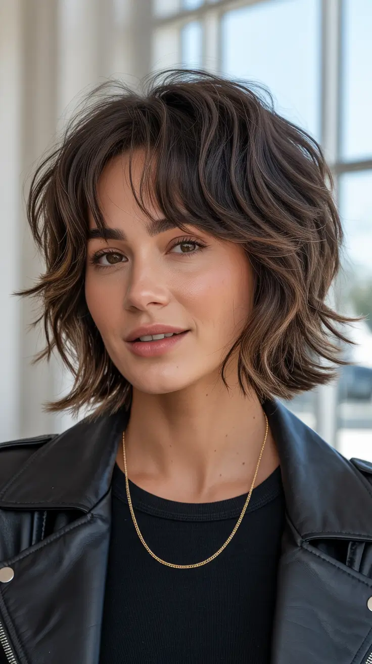 wolf haircut Choppy Brunette Wolf Bob With Lived-In Texture