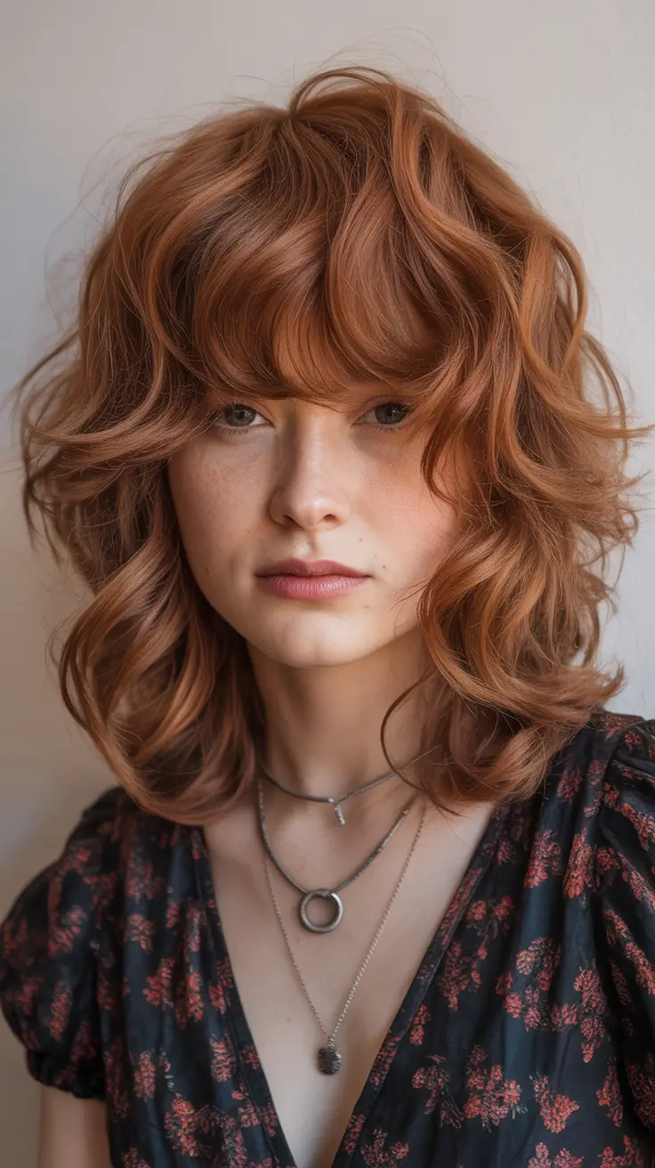 wolf haircut Curly Copper Wolf Shag With Voluminous Bangs