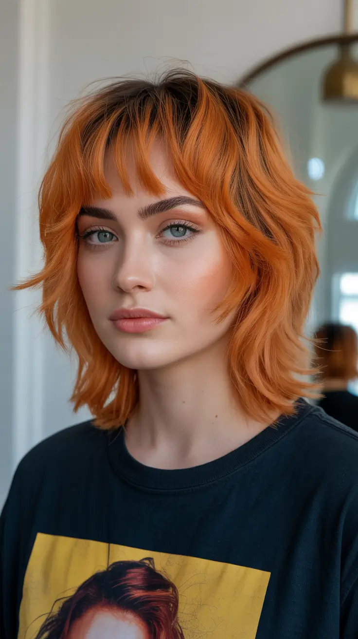 wolf haircut Neon-Tinged Orange Wolf Cut With Artful Layers