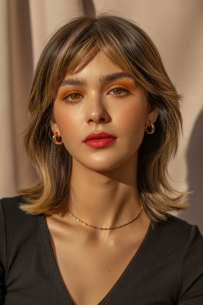 wolf haircut Warm Highlighted Wolf Cut With Sleek Contour