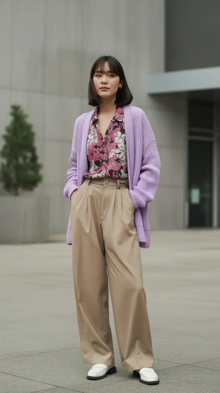 chicago spring outfits 2026 - Lavender Cardigan and Tailored Trousers With a Floral Twist