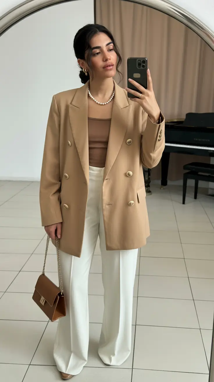 chicago spring outfits 2026 - Camel Blazer Elegance With Soft Spring Neutrals