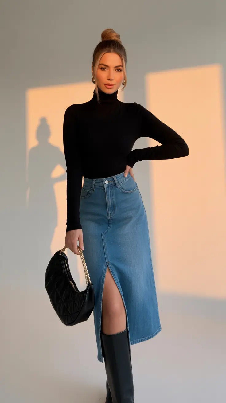chicago spring outfits 2026 - Denim Midi and Sleek Black Layers for Transitional Evenings