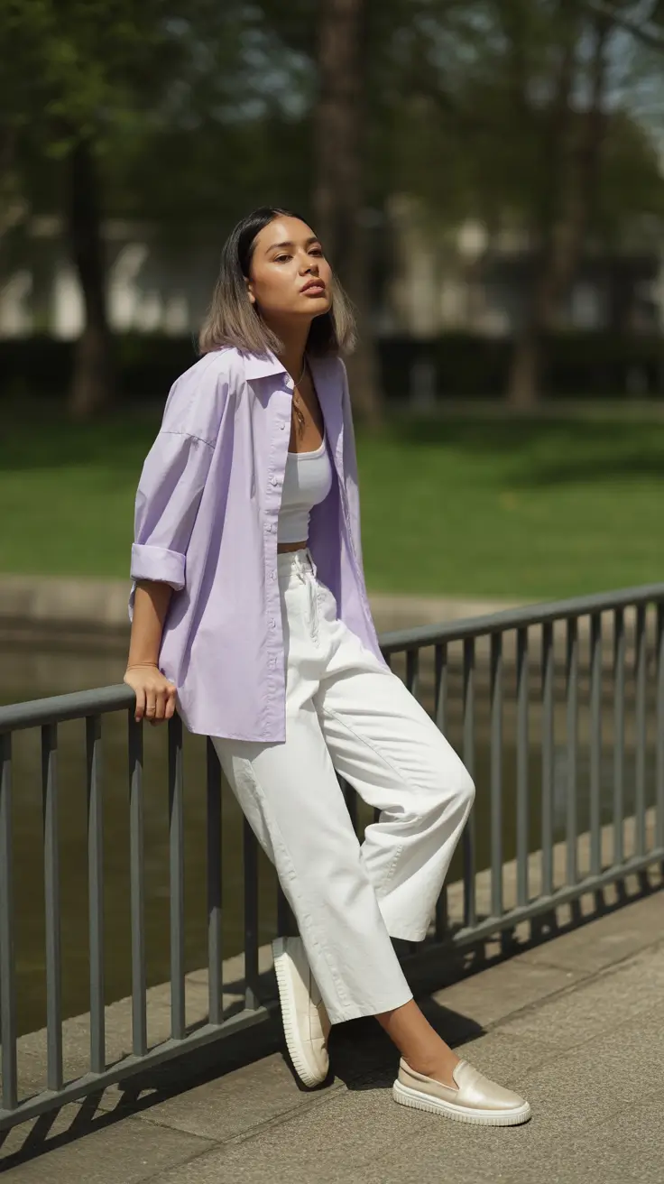 Spring Lavender Layers With Crisp White for Relaxed Spring Movement
