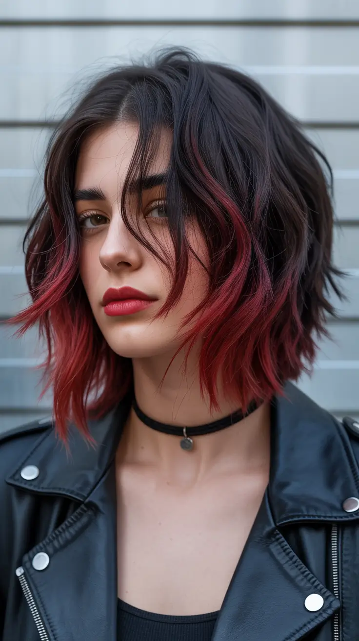 2026 February Crimson Dip-Dye on Textured Brunette Bob