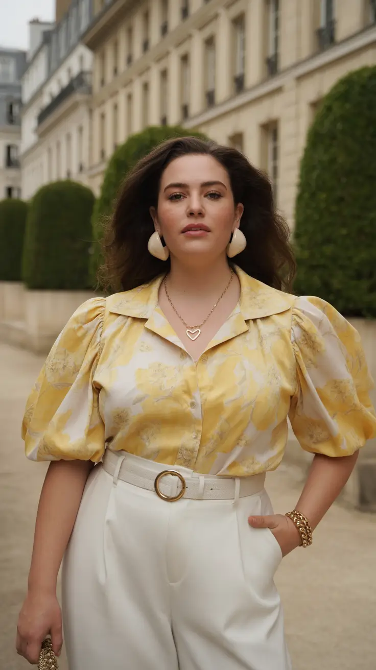 Ideas 2026 Sunny Statement Blouse With Elegant White Trousers