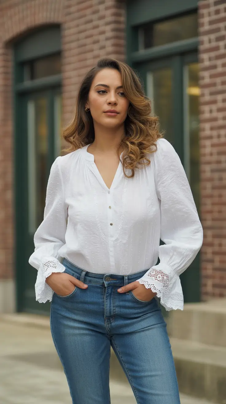 Ideas 2026 Classic White Blouse With Lace and Spring Denim
