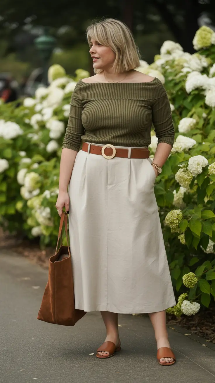 Ideas 2026 Olive Off-the-Shoulder Ease With a Clean Midi Skirt