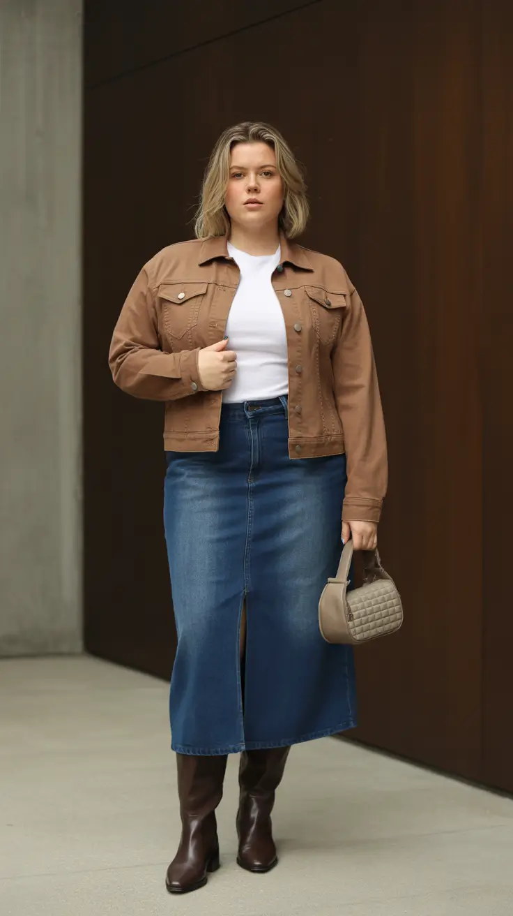 Ideas 2026 Denim Midi Structure With a Warm Utility Jacket