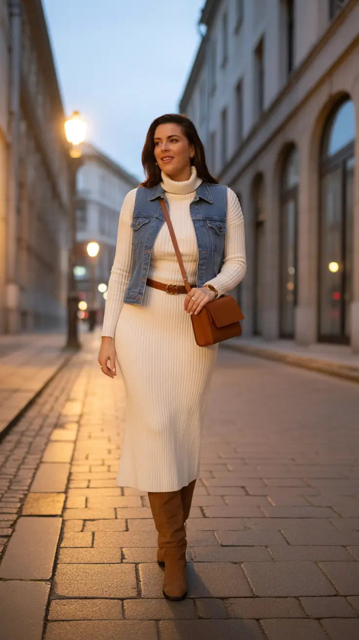 Ideas 2026 Ribbed Knit Dress With Denim Vest Charm