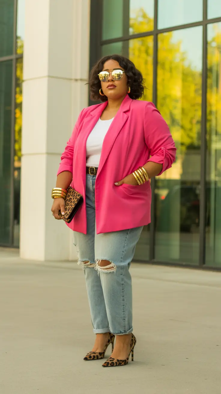 Ideas 2026 Bold Pink Blazer With Distressed Denim Attitude