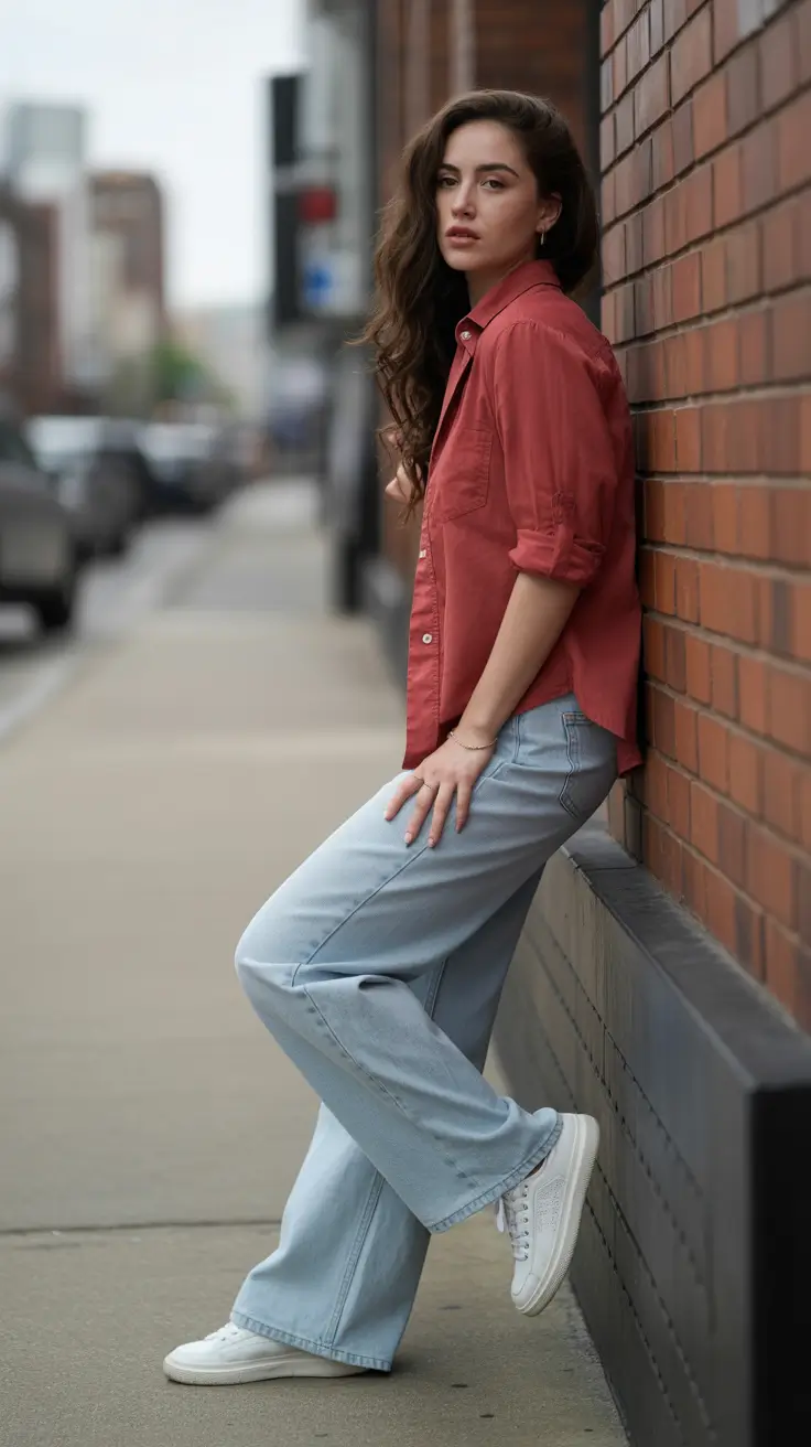 Topic-2026-Soft-Red-Casual-Button-Down-With-Relaxed-Denim-Flow