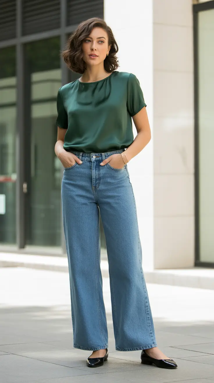 Topic-2026-Satin-Forest-Green-With-Clean-Wide-Leg-Denim