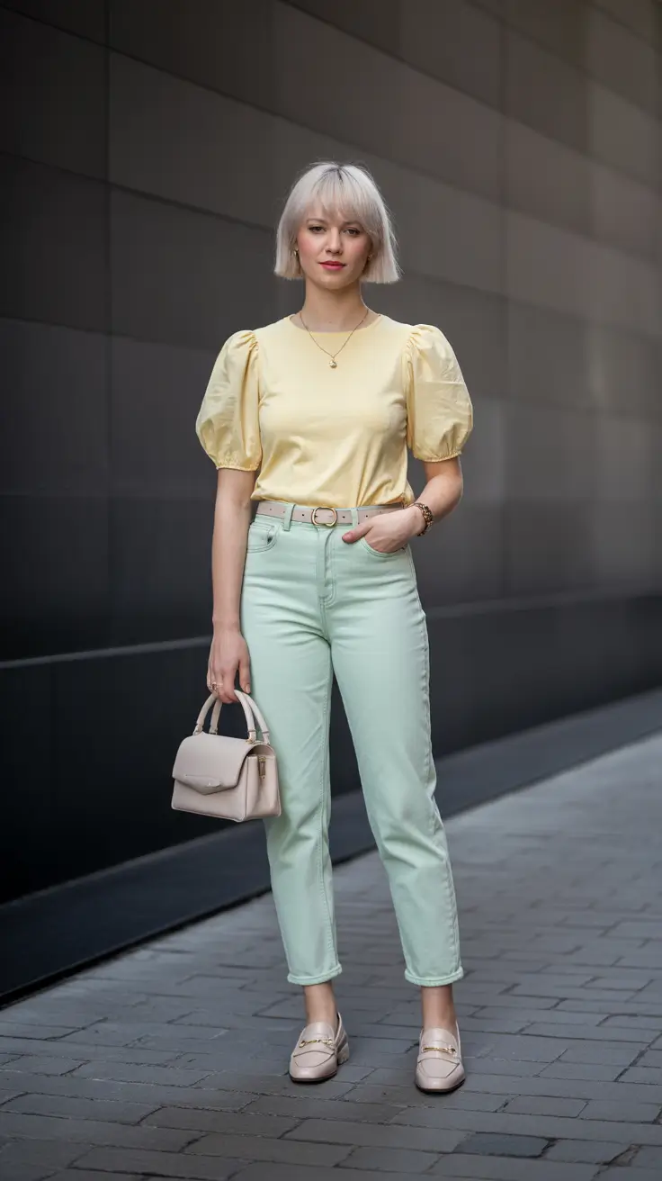 old money spring outfits with 2026 Sunny Yellow Puff Sleeves With Mint Denim Freshness