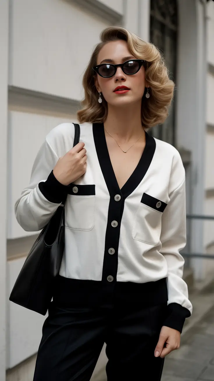 Old money - Black-and-Ivory Cardigan Ease with Retro Influence