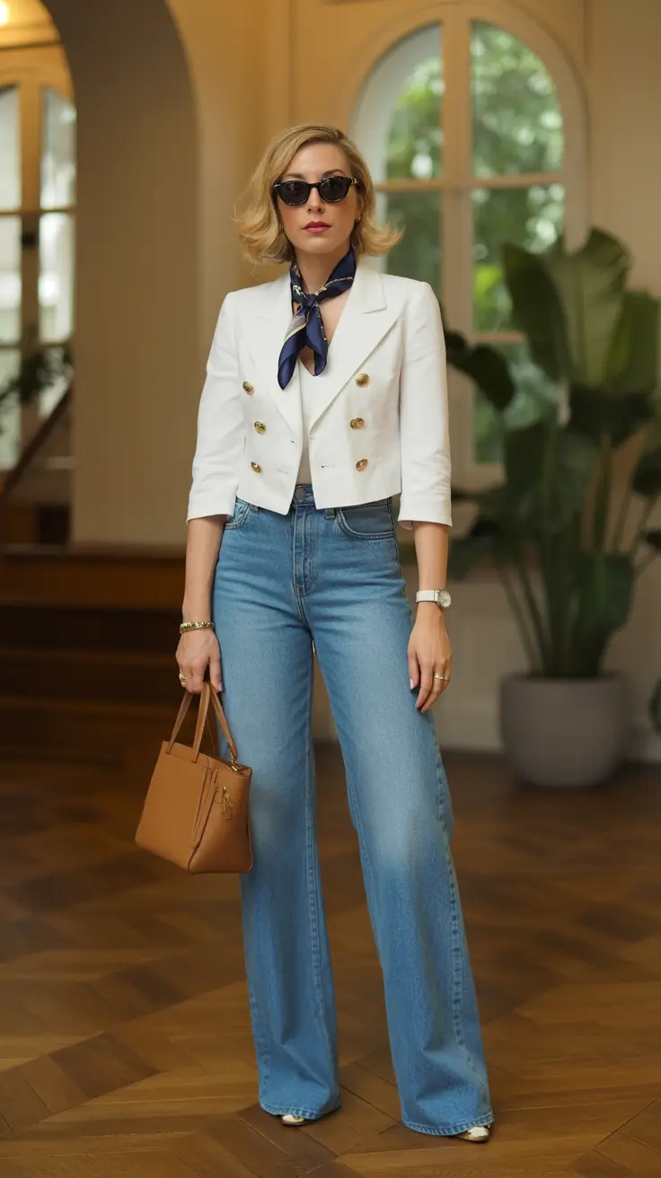 Old money - Cropped Double-Breasted Whites with Denim Spring Lift