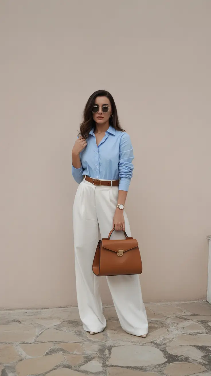 Old money - Powder-Blue Precision with Tailored White Trousers