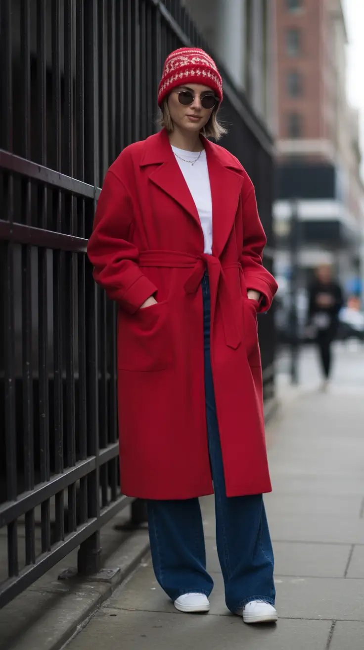 outfit ideas february 2026 Red Coat Warmth with Denim and a Knitted Hat