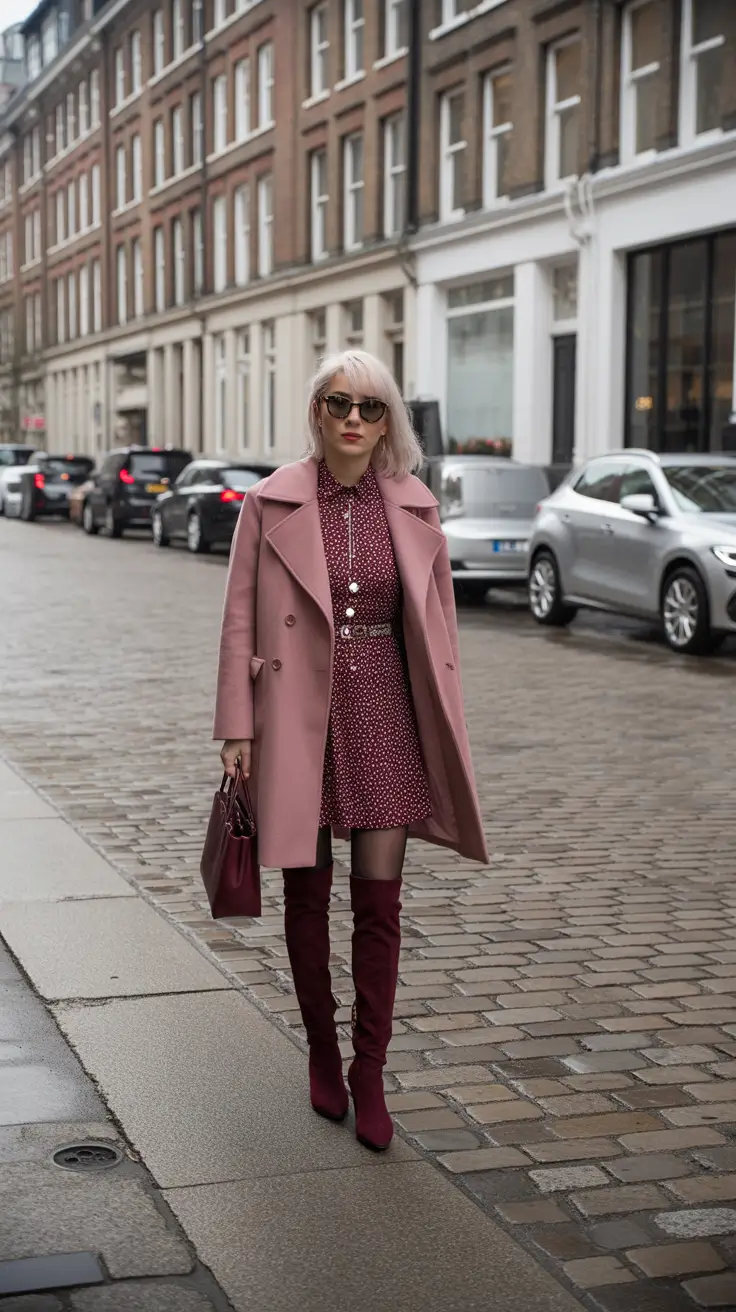 outfit ideas february 2026 Pink Wool Coat and Burgundy Prints for Romantic Winter Mood