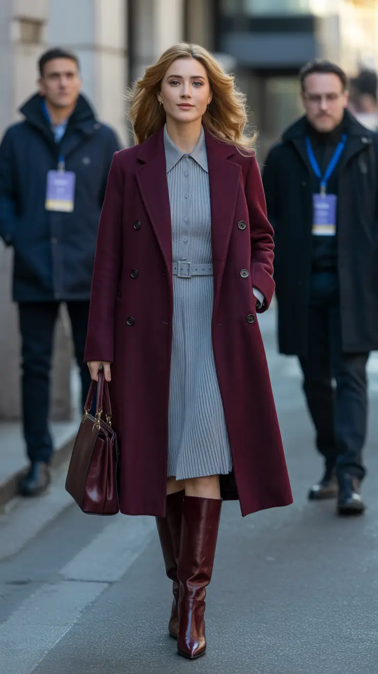 outfit ideas february 2026 Structured Shirtdress and Deep Burgundy Coat