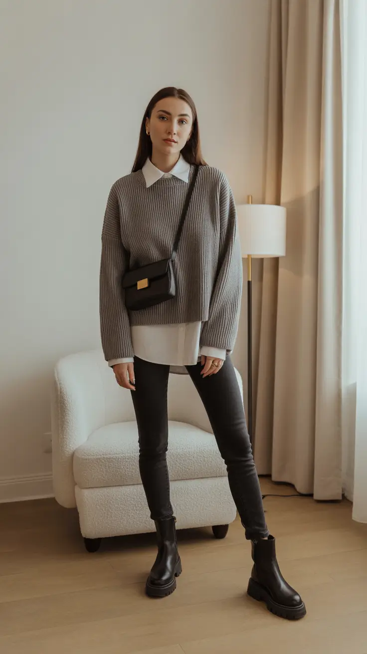 outfit ideas february 2026 Layered Grey Sweater with Clean Lines and Classic Black Boots