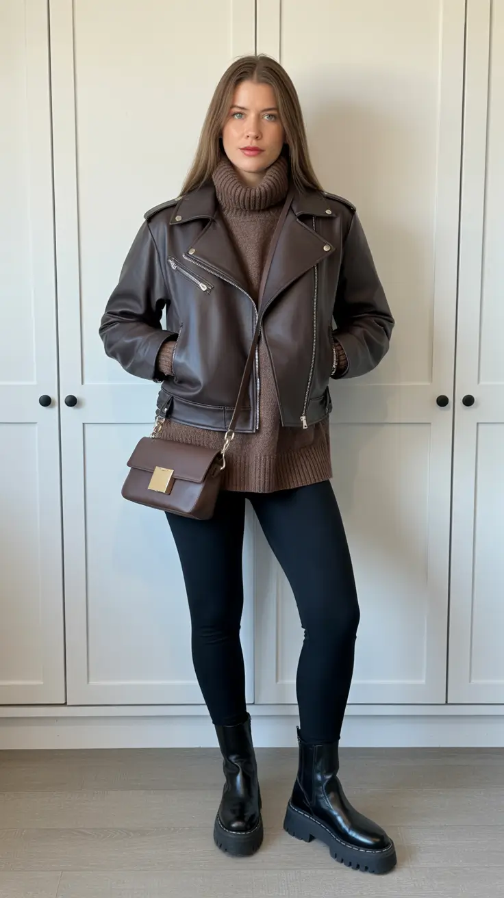 outfit ideas february 2026 Brown Leather Layers with Winter Neutrals