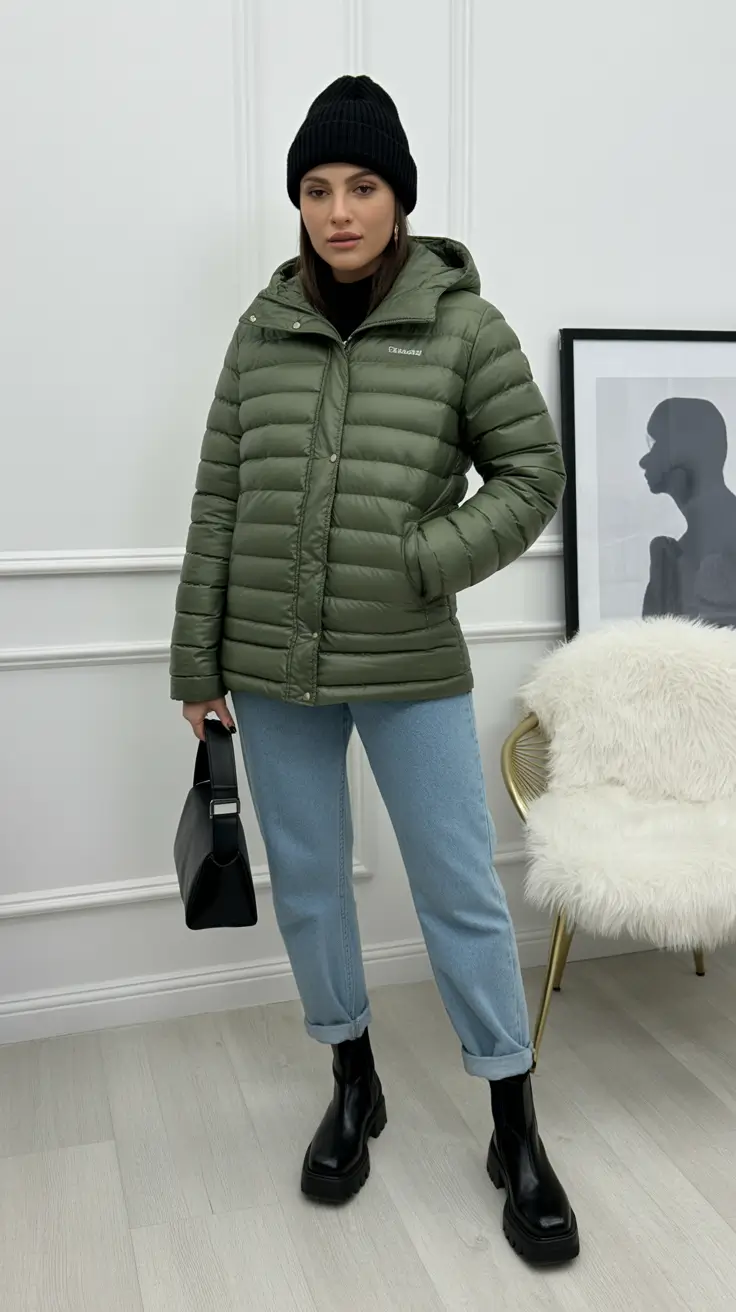 outfit ideas february 2026 Olive Puffer Warmth with Light Denim
