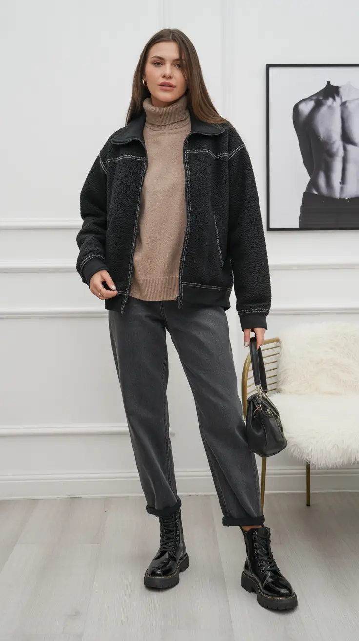 outfit ideas february 2026 Cozy Sherpa Jacket with Winter Denim and Lace-Up Boots