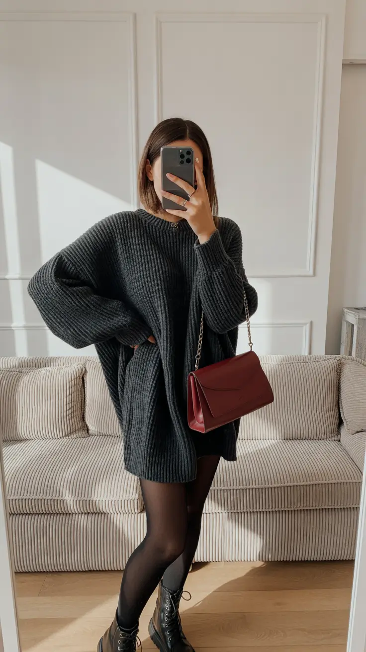 outfit ideas february 2026 Oversized Knit and Dark Tights for Easy Days