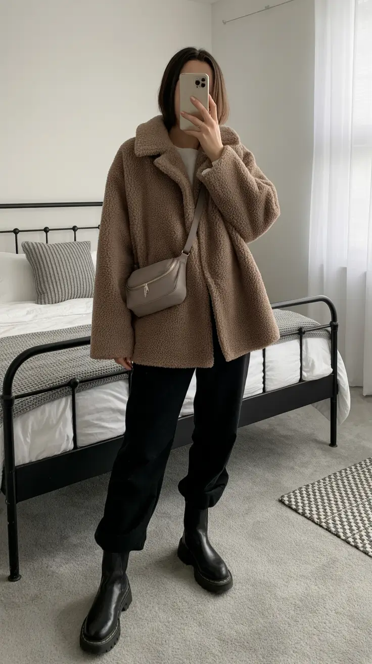 outfit ideas february 2026 Warm Taupe Fleece with Athleisure Layers