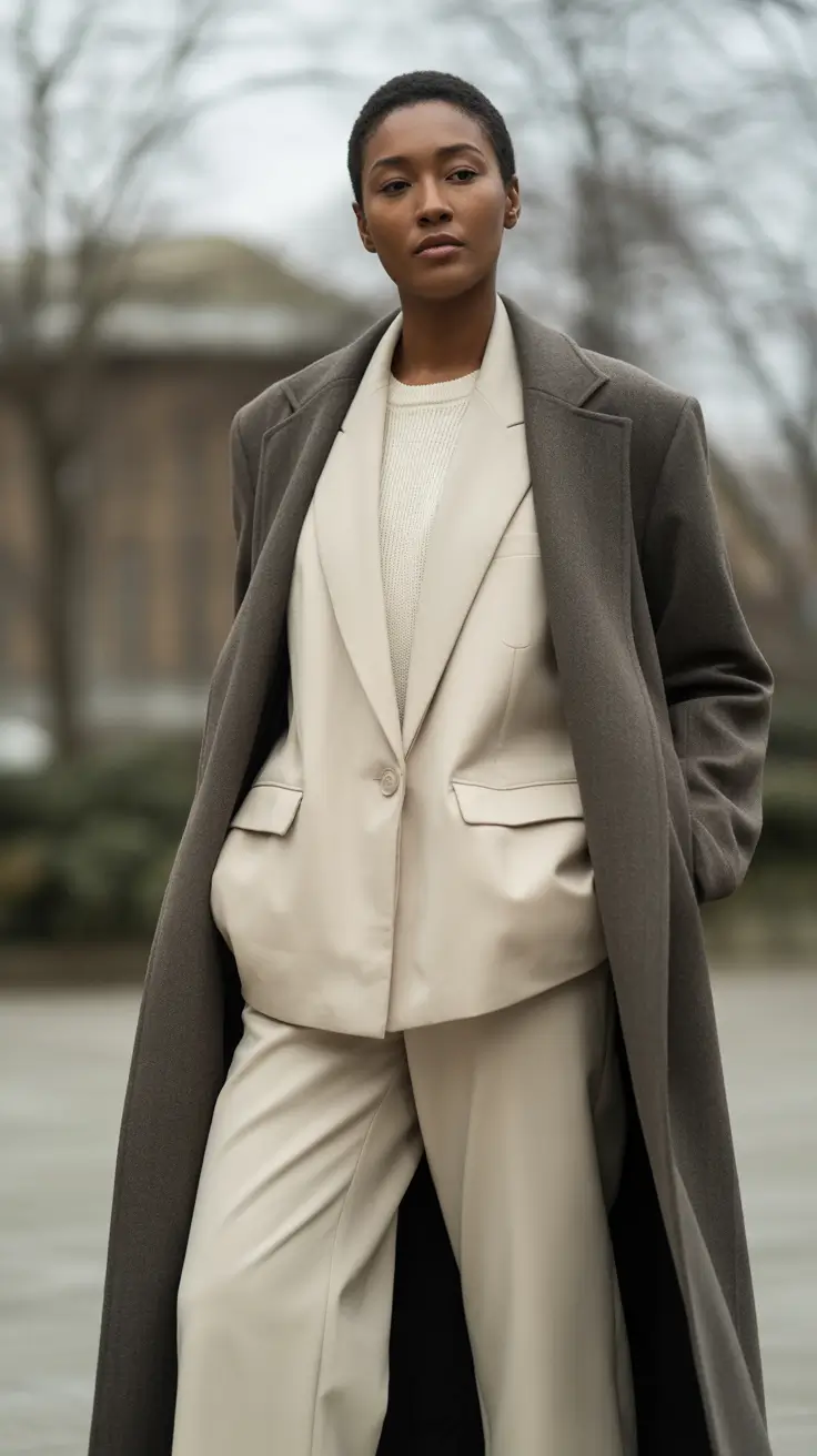 outfit ideas february 2026 Monochrome Cream Layers with a Long Coat