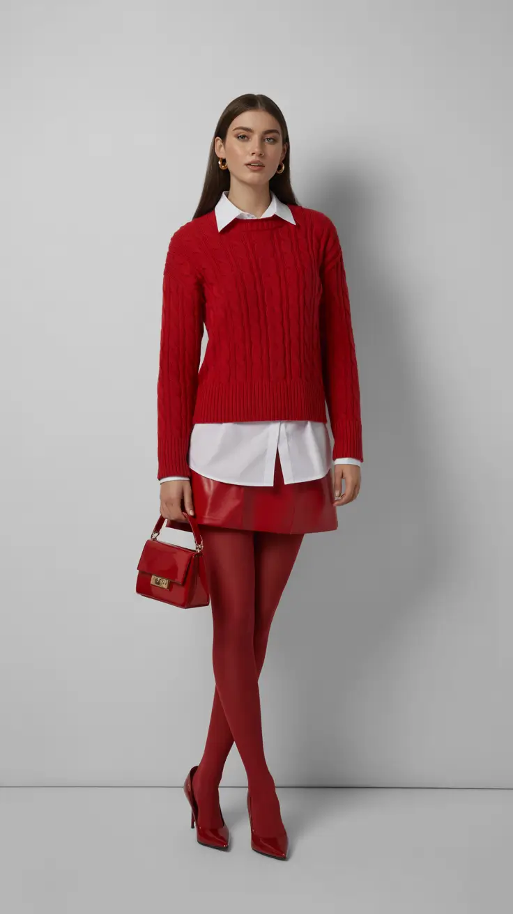 outfit ideas february 2026 Red-on-Red Layering with a Crisp White Collar