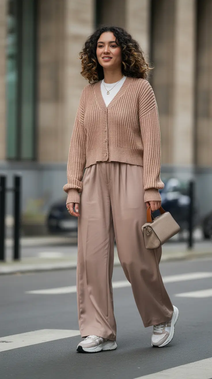 spring outfit with sneakers 2026 Cozy Knit Warmth With Flowing Satin Movement