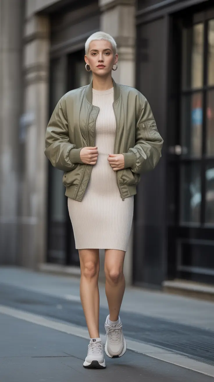 spring outfit with sneakers 2026 Bomber Jacket Strength With a Soft Dress Balance