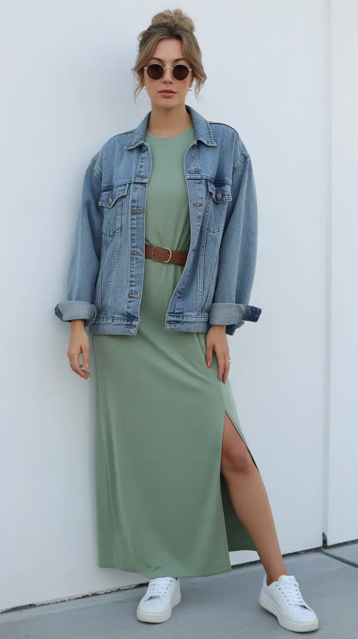 spring outfit with sneakers 2026 Green Maxi Ease With Denim Texture Contrast