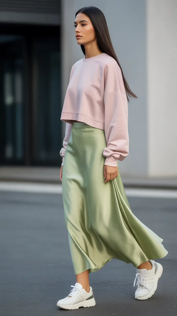 spring outfit with sneakers 2026 Color-Soft Contrast With a Satin Skirt’s Spring Movement